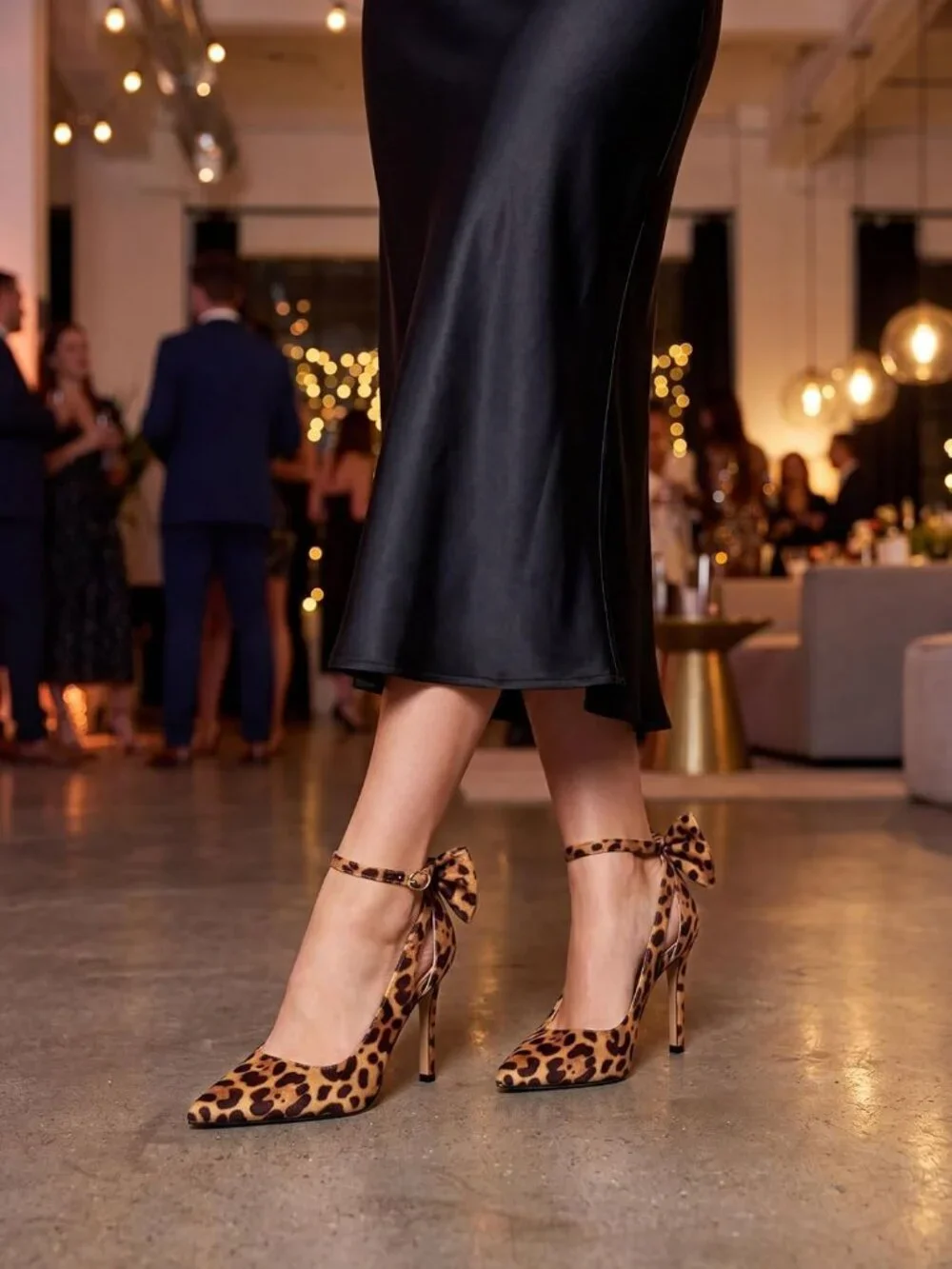 Women's Leopard Pointed Toe High Heels Ankle Strap Sexy Bowtie Back Dress Sandal